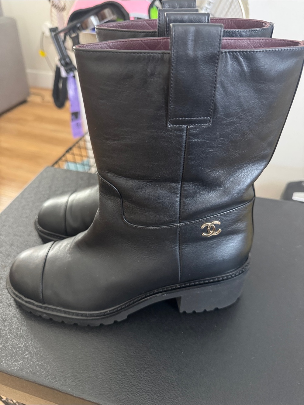 CHANEL Black Leather Mid-Calf Heeled Boots with Gold CC Emblem